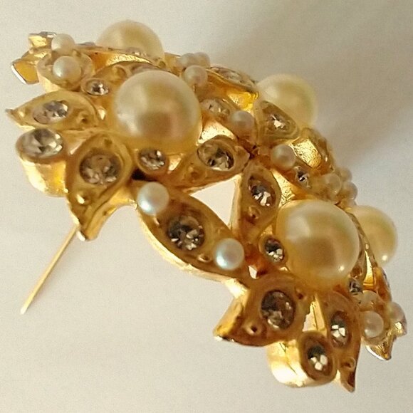 Vintage Brooch Pin Pearl Rhinestone Goldtone Metal Hexagonal - Picture 4 of 10